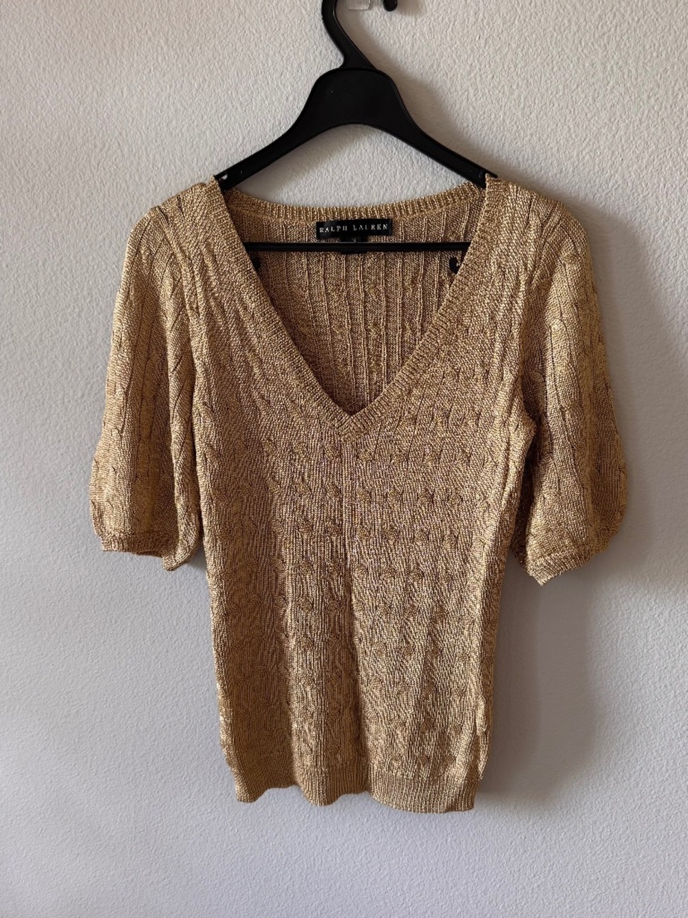 Ralph Lauren Metallic Gold Cable Knit Puff Sleeve Sweater Top M Black Label
